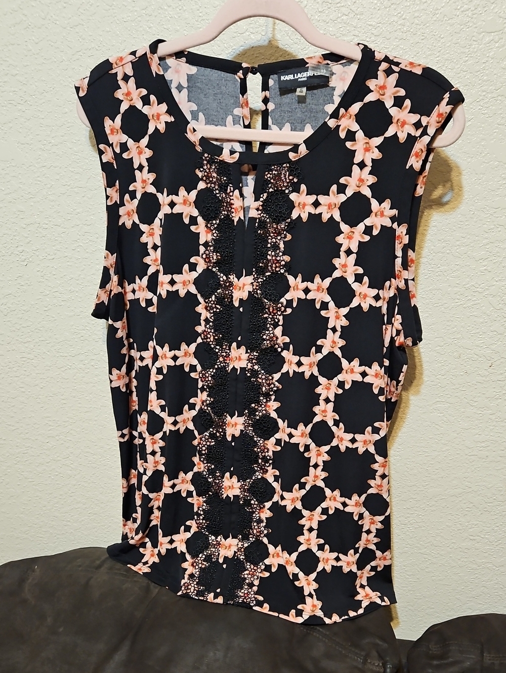 Karl Lagerfeld Black Floral Lace-Trim Sleeveless Top - Pink Floral